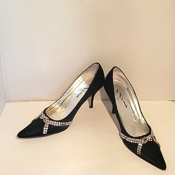 Women’s Nina Black Jeweled Brocade Heels SZ81/2M - Picture 2 of 8